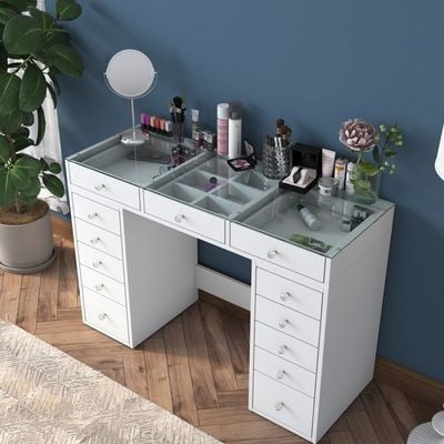 Home Canvas Glamour Ease Makeup Dressing Table with 13 Drawers & Glass Top Jewelry Organizer White