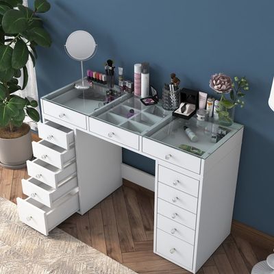 Home Canvas Glamour Ease Makeup Dressing Table with 13 Drawers & Glass Top Jewelry Organizer White