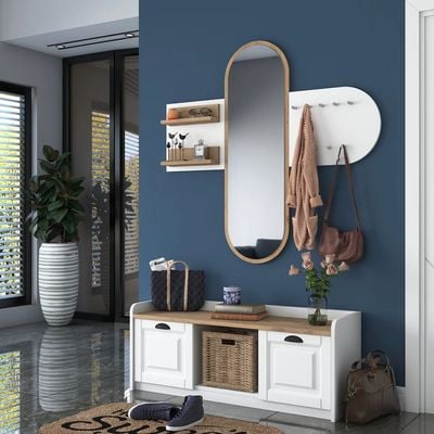 Home Canvas Reflections Modern Wall Mirror Rack & Shoe Bench White and Oak 