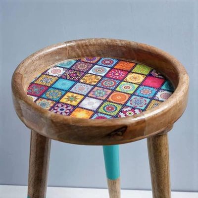 Acewood round side/end Table/Wooden handmade Three Legs Corner Table/Natural Wood Multicolor Resin Stool/Rangoli design .