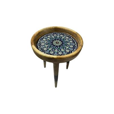 Acewood Wooden handmade beautiful round side end Table/Three Legs Corner Table/Natural Wood Blue Resin Stool Standard Size for any room . 