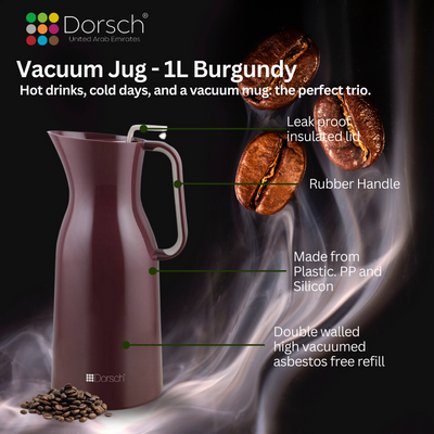 DorschHome Vacuum Jug - 1L Double-Walled Glass Liner, Insulated Rubber Handle, Leakproof Lid - Keeps Hot for 12 Hours, Cold for 24 Hours (Burgundy)