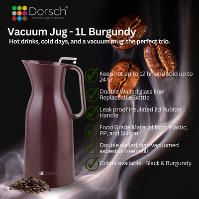 DorschHome Vacuum Jug - 1L Double-Walled Glass Liner, Insulated Rubber Handle, Leakproof Lid - Keeps Hot for 12 Hours, Cold for 24 Hours (Burgundy)