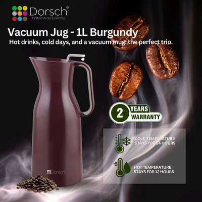 DorschHome Vacuum Jug - 1L Double-Walled Glass Liner, Insulated Rubber Handle, Leakproof Lid - Keeps Hot for 12 Hours, Cold for 24 Hours (Burgundy)