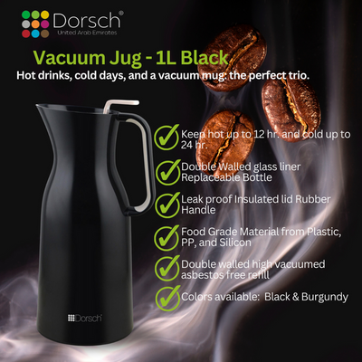 DorschHome Vacuum Jug - 1L Double-Walled Glass Liner, Insulated Rubber Handle, Leakproof Lid - Keeps Hot for 12 Hours, Cold for 24 Hours (Black)