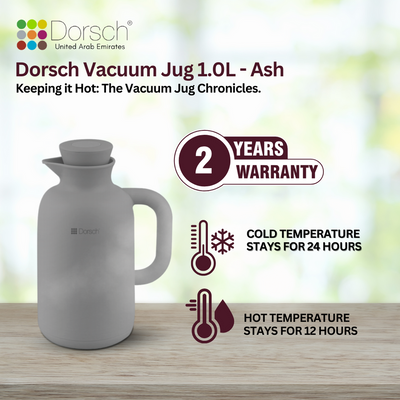 DorschHome Vacuum Jug - 1L Double-Walled Glass Liner, Insulated Rubber Handle, Leakproof Lid - Keeps Hot for 12 Hours, Cold for 24 Hours (Ash)