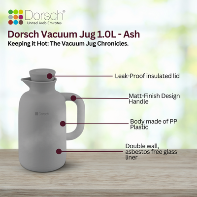 DorschHome Vacuum Jug - 1L Double-Walled Glass Liner, Insulated Rubber Handle, Leakproof Lid - Keeps Hot for 12 Hours, Cold for 24 Hours (Ash)