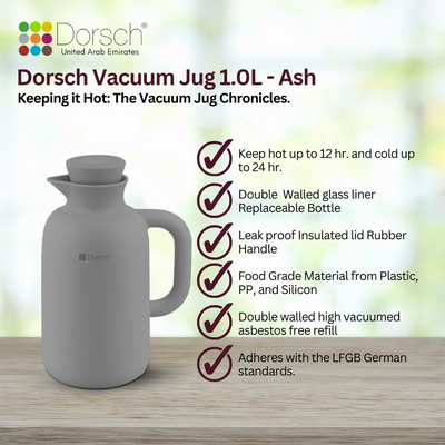 DorschHome Vacuum Jug - 1L Double-Walled Glass Liner, Insulated Rubber Handle, Leakproof Lid - Keeps Hot for 12 Hours, Cold for 24 Hours (Ash)