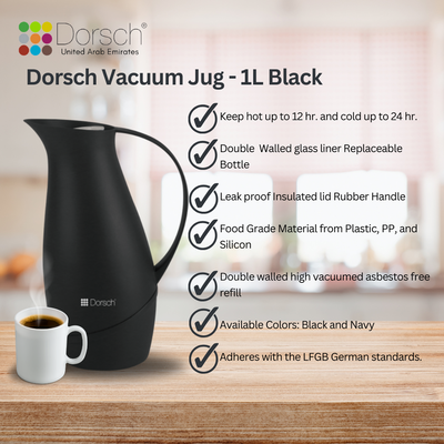 DorschHome Vacuum Jug - 1L Double-Walled Glass Liner, Insulated Rubber Handle, Leakproof Lid - Keeps Hot for 12 Hours, Cold for 24 Hours (Charcoal Black)