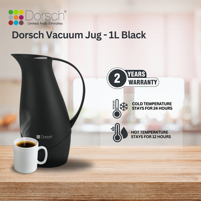 DorschHome Vacuum Jug - 1L Double-Walled Glass Liner, Insulated Rubber Handle, Leakproof Lid - Keeps Hot for 12 Hours, Cold for 24 Hours (Charcoal Black)