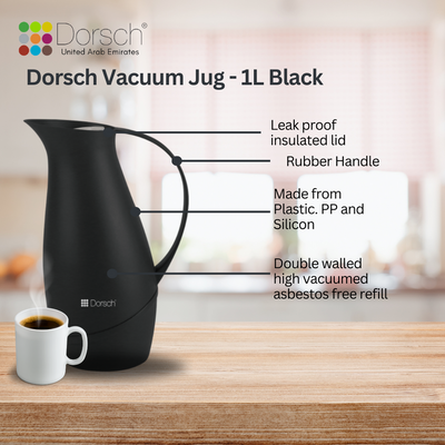 DorschHome Vacuum Jug - 1L Double-Walled Glass Liner, Insulated Rubber Handle, Leakproof Lid - Keeps Hot for 12 Hours, Cold for 24 Hours (Charcoal Black)