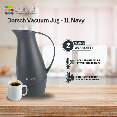 DorschHome Vacuum Jug - 1L Double-Walled Glass Liner, Insulated Rubber Handle, Leakproof Lid - Keeps Hot for 12 Hours, Cold for 24 Hours (Navy)
