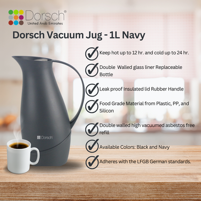 DorschHome Vacuum Jug - 1L Double-Walled Glass Liner, Insulated Rubber Handle, Leakproof Lid - Keeps Hot for 12 Hours, Cold for 24 Hours (Navy)
