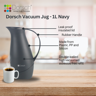 DorschHome Vacuum Jug - 1L Double-Walled Glass Liner, Insulated Rubber Handle, Leakproof Lid - Keeps Hot for 12 Hours, Cold for 24 Hours (Navy)
