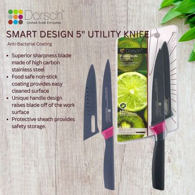 Dorsch Non-Stick Utility Knife 5″: Elevate Hygiene & Precision | German Steel Blade, Smart Design | Food Safe Coating, Protective Sheath
