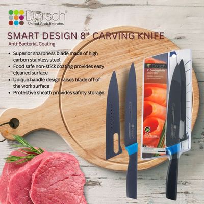 Dorsch Carving Knife - Premium High Carbon German Steel, Elevated Blade Design, Rust Proof, Ultra Sharp, Hygienic Non-Stick Coating, Protective Sheath Included (8 Inch Knife)