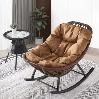Reclining Rattan Outdoor Rocking Chair with Cushion - Comfortable Garden & Patio Chair