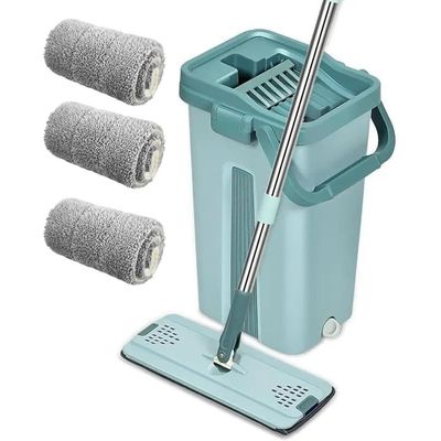 Hail - Floor Mop and Bucket Set, Flat Mop Bucket System - Home Hardwood Floor Mop Bucket with Wringer Extended Stainless Steel Handle Mop for Wood, Vinyl - 3 Washable & Reusable Microfiber Pads