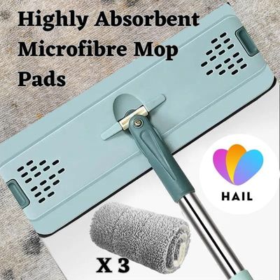 Hail - Floor Mop and Bucket Set, Flat Mop Bucket System - Home Hardwood Floor Mop Bucket with Wringer Extended Stainless Steel Handle Mop for Wood, Vinyl - 3 Washable & Reusable Microfiber Pads