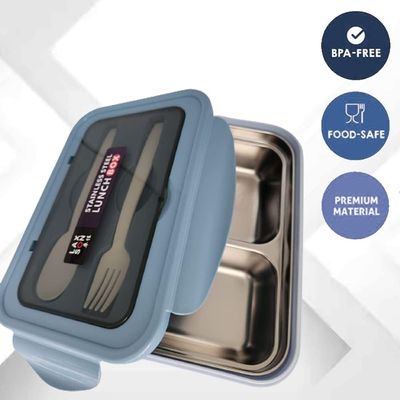 Stainless Steel Lunch Box for Kids School, 2 Compartment Lunch Box for Adults, Tiffin Box for Office with Spoon and Fork, Thermal Insulation, Leak Proof and Dishwasher Safe Bento Box (Blue)