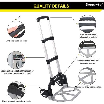 عربة تسلق السلالم القابلة للطي مع 6 عجلات وحبل بنجي، شاحنة سحب يدوية قابلة للطي بعمود قابل للتعديل، عربة أمتعة محمولة من الألومنيوم (سعة 80 كجم)