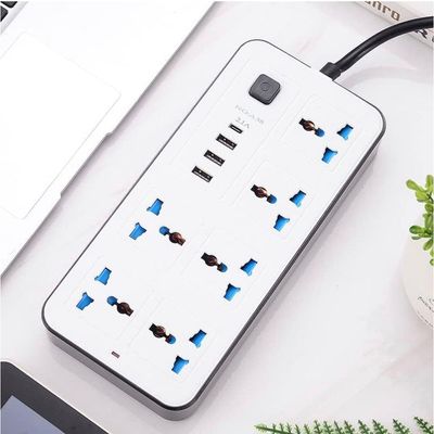 Universal Electrical Multi Extension Socket UK Plug Usb C Cable Electric Cord Strips 6 Outlets 3 Pin Socket 3 USB Ports and 1 Type C Port for Home, Kitchen, and Office - Black