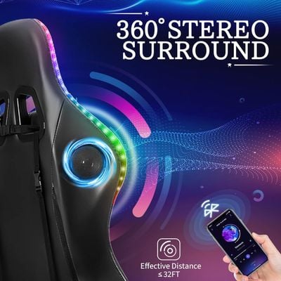  RGB Gaming Chair with Speakers Massage Computer Gaming Chair with LED Lights and Footrest High Back Video Game Chair for Adults White and Black