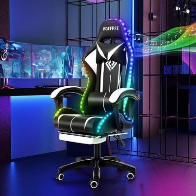  RGB Gaming Chair with Speakers Massage Computer Gaming Chair with LED Lights and Footrest High Back Video Game Chair for Adults White and Black