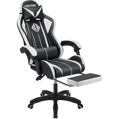  RGB Gaming Chair with Speakers Massage Computer Gaming Chair with LED Lights and Footrest High Back Video Game Chair for Adults White and Black