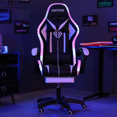  RGB Gaming Chair with Speakers Massage Computer Gaming Chair with LED Lights and Footrest High Back Video Game Chair for Adults White and Black