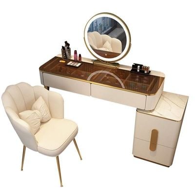 Vanity Table - Dressing Table With LED Mirror and Chair - Glass Top 120cm White With Gold 