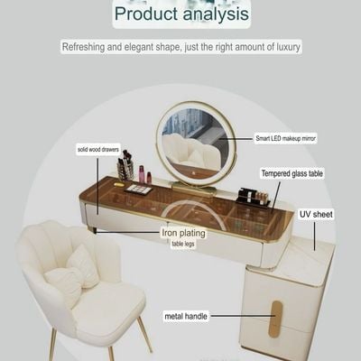 Vanity Table - Dressing Table With LED Mirror and Chair - Glass Top 120cm White With Gold 