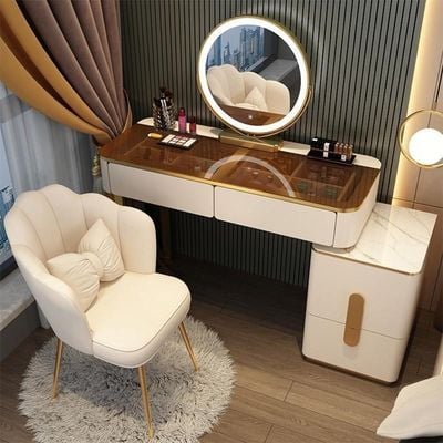 Vanity Table - Dressing Table With LED Mirror and Chair - Glass Top 120cm White With Gold 