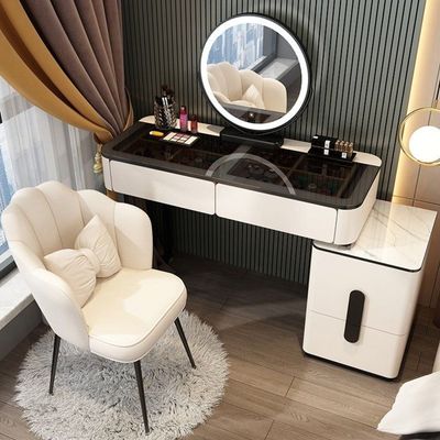 Vanity Table - Dressing Table With LED Mirror and Chair - Glass Top 120cm White With Black