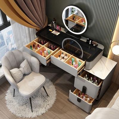 Vanity Table - Dressing Table With LED Mirror and Chair - Glass Top 120cm Gray With Black