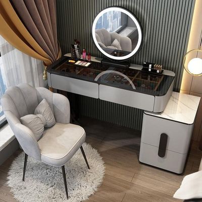 Vanity Table - Dressing Table With LED Mirror and Chair - Glass Top 120cm Gray With Black