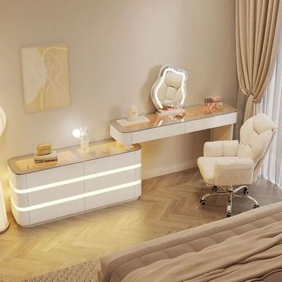  Vanity Table - Dressing Table With LED Mirror and Chair - Glass Top Adjustable 120cm To 200CM -White