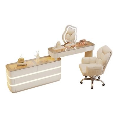  Vanity Table - Dressing Table With LED Mirror and Chair - Glass Top Adjustable 120cm To 200CM -White