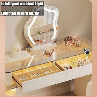  Vanity Table - Dressing Table With LED Mirror and Chair - Glass Top Adjustable 120cm To 200CM -Beige