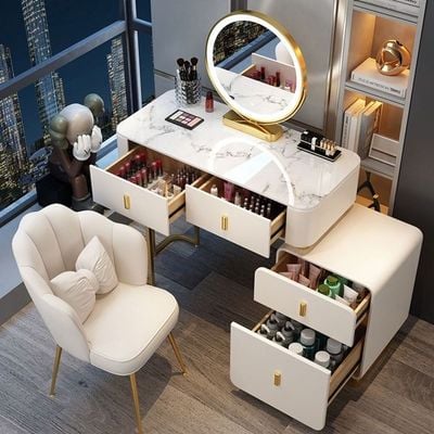 Dresser - Smart Vanity Table - Dressing Table With LED Mirror and Chair - 120cm - White