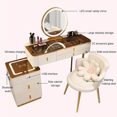 Smart Dressing Table - LuxTech Vanity: LED Mirror Dresser with Wireless Charger & Bluetooth Speaker - Dresser 120cm -White