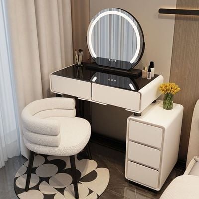 LED Vanity Dresser Set with Glass Top, 3-Color Lighted Mirror  – Modern Makeup Table with Chair for Bedroom 80cm - White