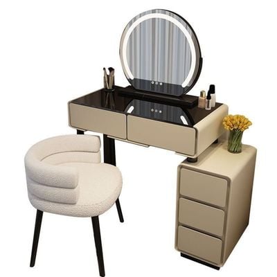 LED Vanity Dresser Set with Glass Top, 3-Color Lighted Mirror  – Modern Makeup Table with Chair for Bedroom 80cm - Beige