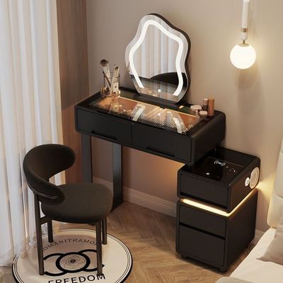 Smart Dressing Table - Compact LED Vanity Table with Bluetooth Speaker, Wireless Charger, and Glass Top – Space-Saving Dressing Table with 3-Color Light Mirror 80cm -Black