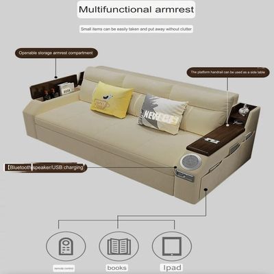 Modern Smart Sofa Bed -Multi Functions -With Bult-in Storage Space - Bluetooth Speaker - USB Ports 180Cm - Off White