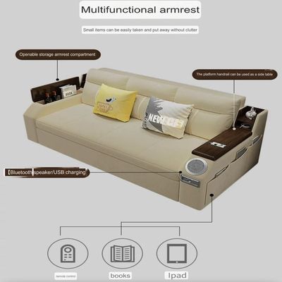 Modern Smart Sofa Bed -Multi Functions -With Bult-in Storage Space - Bluetooth Speaker - USB Ports 240cm - Off White