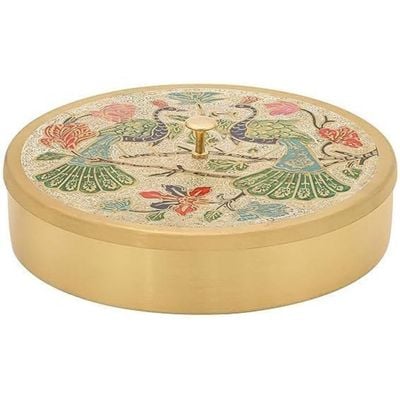 Acewood Handcrafted Brass Spice Box Set For Kitchen With Spoon- Brass Masala Box For Kitchen Masala Dani Masala Container Masala Dabba Masaldani Namak Dani with peacock design. 