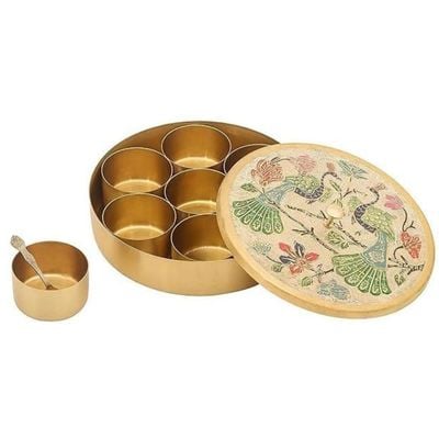 Acewood Handcrafted Brass Spice Box Set For Kitchen With Spoon- Brass Masala Box For Kitchen Masala Dani Masala Container Masala Dabba Masaldani Namak Dani with peacock design. 