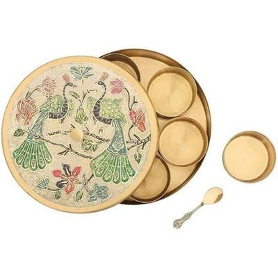 Acewood Handcrafted Brass Spice Box Set For Kitchen With Spoon- Brass Masala Box For Kitchen Masala Dani Masala Container Masala Dabba Masaldani Namak Dani with peacock design. 