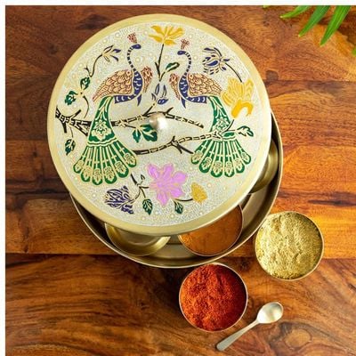 Acewood Handcrafted Brass Spice Box Set For Kitchen With Spoon- Brass Masala Box For Kitchen Masala Dani Masala Container Masala Dabba Masaldani Namak Dani with peacock design. 